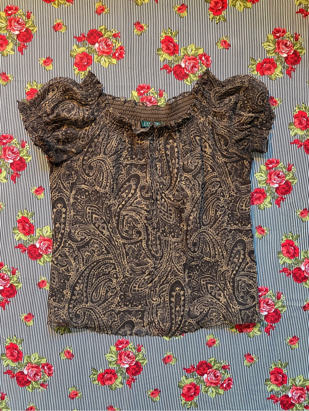 Lauren Ralph Lauren 100% Silk Paisley Short-Sleeve Women's Top - Brown